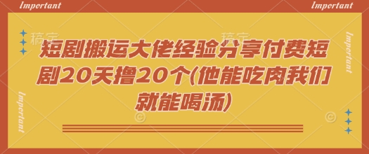 短剧搬运大佬经验分享付费短剧20天撸20个(他能吃肉我们就能喝汤)-向阳花网-资源网-最新项目分享网站