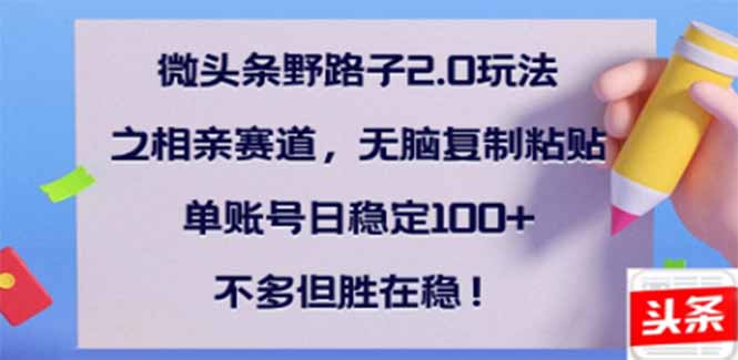 微头条野路子2.0玩法之相亲赛道，无脑搬砖复制粘贴，单账号日稳定300+…-向阳花网-资源网-最新项目分享网站