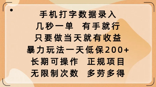 手机打字数据录入，几秒一单，有手就行，只要做当天就有收益，暴力玩法一天低保2张-向阳花网-资源网-最新项目分享网站